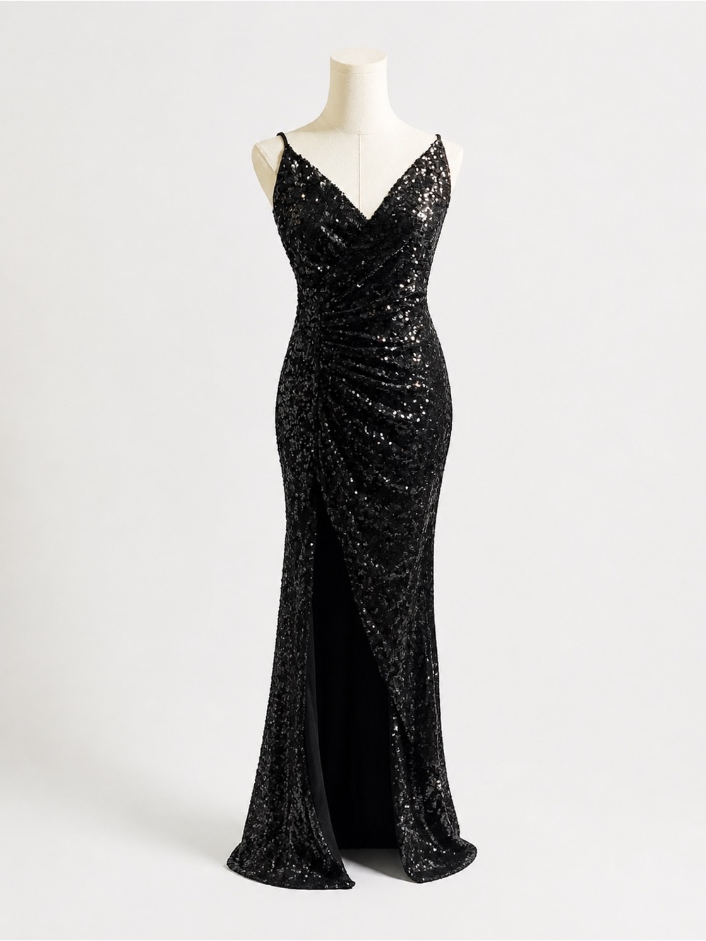 Black Sequin Ruched V-Neck Formal Dress